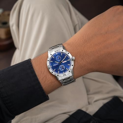 Image of Matrix Superior Analog Watch for Men | Black, Blue, Green & White Dial Stainless Steel Chain Strap Watch | Day & Date Display | Quartz Movement | Stylish Casual & Formal Wrist Watch for Boys & Men