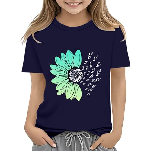 Girls Loose Fit Sunflower Graphic T Shirts Short Sleeve Crewneck Cute Pattern Printed Tops Kids (I-Dark Blue, 6-7 Years)