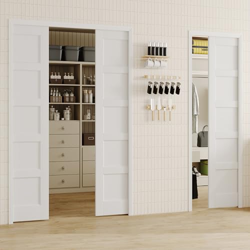 Image of Sliding Pocket Door, 60in.(Double 30 in.) x 80 in, 5-Panel Core with Frame and Hardware Kit Set, Interior Doors for Pocket Door, White Primed - No Panel Assembly Required