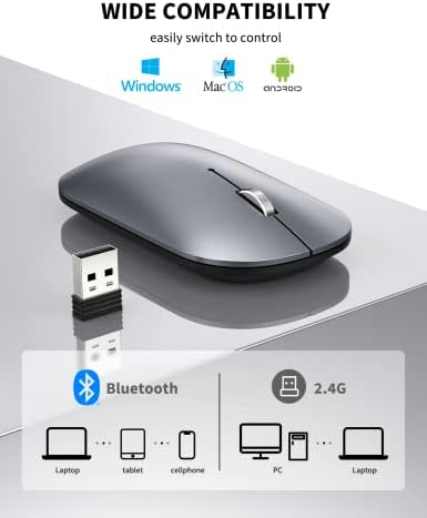 Bluetooth Mouse, TECKNET Rechargeable Wireless Mouse for Laptop, Tri-mode(BT5.0/3.0/2.4G) Slim Silent Computer Mouse Mini Receiver 4000 DPI Portable Mouse for Macbook/iPad/iPhone/Android/Windows/Linux