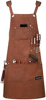 Housolution Work Apron, Multipurpose Heavy Duty Waxed Canvas Waterproof Tools Apron with Tool Pockets for Woodworking Crafting Painting, Cross-Back Straps, Adjustable M to XXL, Brown