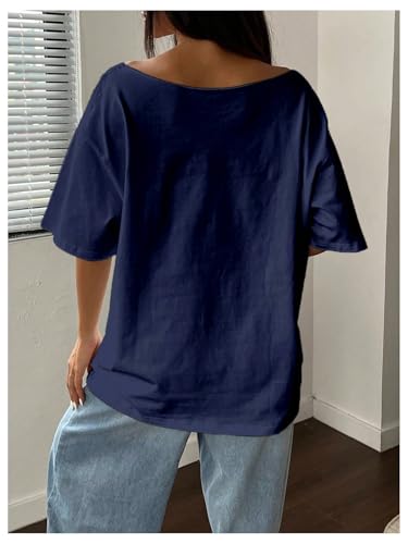 SHENHE Women's Oversized Off The Shoulder T Shirt Letter Print Graphic Short Sleeve Vintage Tee2