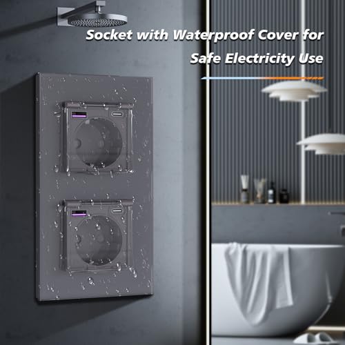 BSEED Unterputz Steckdose mit 20W USB und Typ C Port, Glas Wandsteckdose mit Wasserdicht Abdeckung Ideal f&uuml;r Feuchtr&auml;ume Outdoor und Indoor Verwendung, 157mm 2 Fach Grau