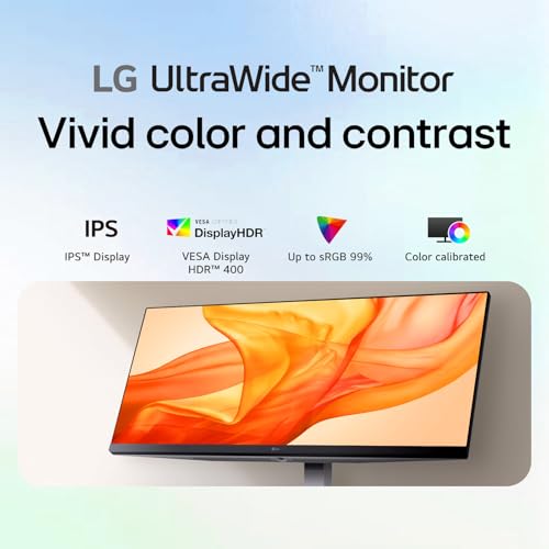 Image of LG 34 inch UltraWide Monitor, 21:9 WFHD (2560 x 1080) IPS Display, 100Hz Refresh Rate, VESA DisplayHDR 400, HDR10, Flicker Safe, USB Type-C, HDMI, DisplayPort, Height /Swivel /Tilt Adjustable Stand, White