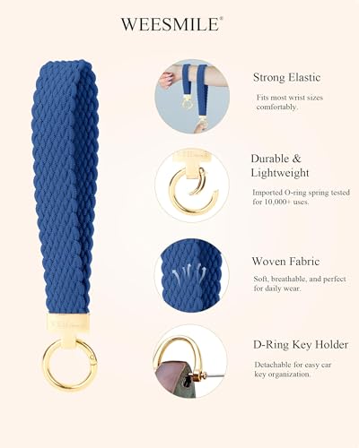 Image of WEESMILE Keychain Wristlet, Stretchy Key Chain for Car Keys with 2 Keyrings and D ring, Cute Wrist Lanyard for Women Men