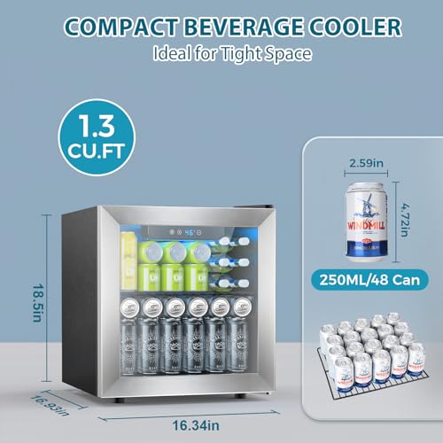 Electactic 48 Can Beverage Refrigerator,12 Bottle Wine Cooler with Stainless Steel Glass Door, Digital Temperature Display, Countertop Mini Fridge for Soda, Wine or Beer, Silver by Electactic - Image 2