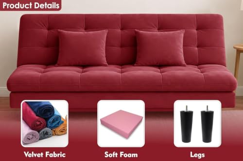 Image of Deco Studio Velvet Fabric Wooden Three-Seater Apsen Sofa Bed with Tufted Couch Sofa for- Living Room Furniture-Red-Color