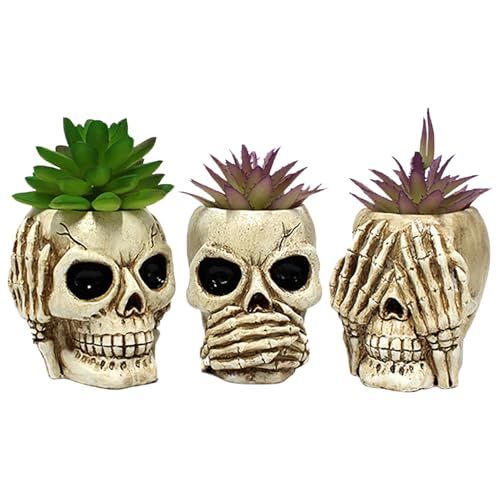 3 pots fleurs résine crâne pour ranger vos petits bonbons