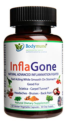 Natural Anti-Inflammatory Pain Relief | Back Pain | Muscle Ache | Headache | Bruises | Synergistic Blend by Bodymune | Smooth on Stomach | 100% Vegan Gluten Free Non GMO | InflaGone | 60 Capsules