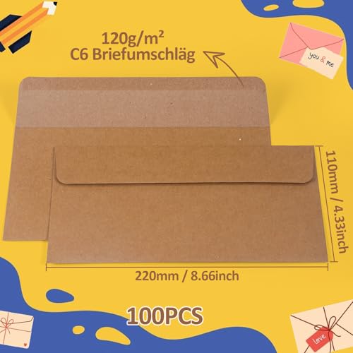 moinkerin 100 Stück Briefumschläge DIN Lang 220x110mm | Braune Umschläge ohne Fenster | 120 g/m² Kraftpapier Kuverts mit Nassklebung | Perfekt für Hochzeit, Einladungen, Geburtstag & Weihnachtskarten