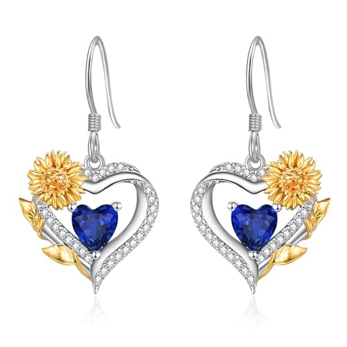 AENEAS Sunflower Birthstone Earrings for Women Sterling Silver Sunflower Heart Dangle Drop Earrings Flower Jewelry for Mom Wife Her
