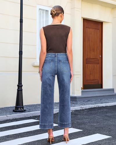 GRAPENT Wide Leg Jeans for Women Cropped High Waisted Trendy Patch Pocket Baggy Loose Straight Leg Stretchy Denim Pants - image 3