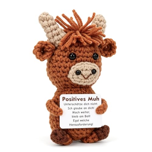 TaleMoon Gehäkelte Highland Cow Kuh Mini Strickpuppe mit Positiver Energie Karte Emotionaler Support Kuscheltier für Stressabbau Handgehäkelte Pocket Hug für Frauen Freunde Studenten Weihnachten