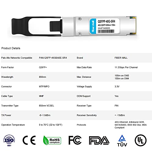 Image of 40G QSFP+ SR4 for Palo Alto Networks PAN-QSFP-40GBASE-SR4, 40GBASE-SR4 QSFP+ 850nm 150m MTP /MPO DOM Optical Transceiver Module