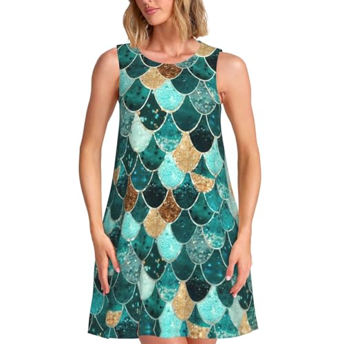 Robe t-shirt d'été sans manches motif écailles de sirène pour femme avec poches