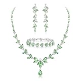 EVER FAITH Parure Bijoux Femme Mariage Mariée en Cristal Autrichien Élégant Collier Boucles d'Oreilles Pendantes et Bracelets 3PCS Ensemble Marquise Avec Feuilles De Strass Vert Clair Ton d'argent