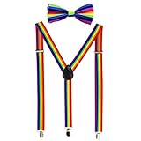 HABI Solid Color Mens Suspender Bow Tie Set Clip On Y Shape Adjustable Braces (Rainbow)