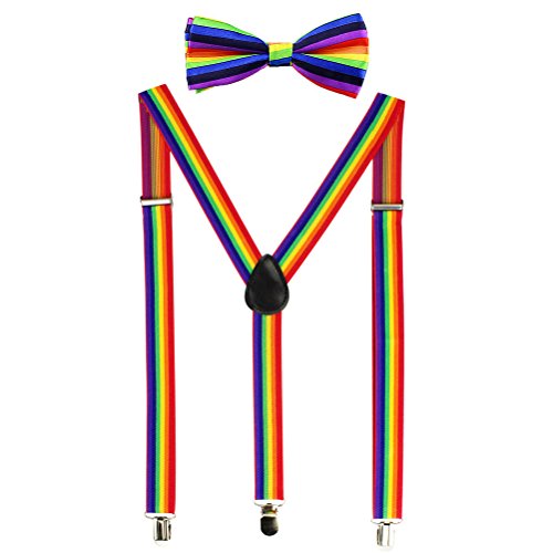 habibee Suspender and Bow Tie Set for Men Adjustable Braces with Y Back, Diverse Colors, Strong Clips (1, Rainbow)