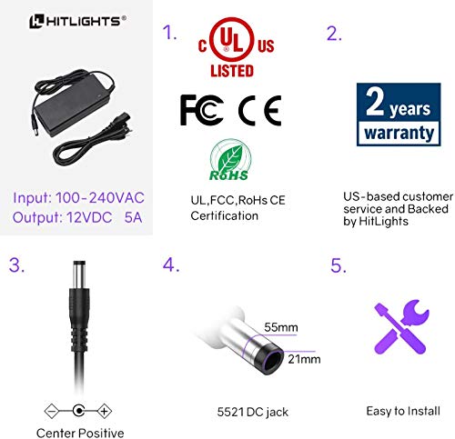 Hitlights 12V 5A Power Supply Adapter, Ul-Listed, 120Vac To 12Vdc Transformer, 12 Volt 5 Amp Wall Charger For Led Strip Light And Low Voltage Devices #TOP4