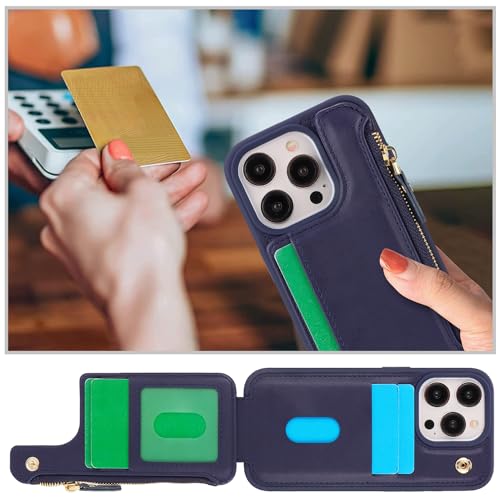 Image of Cavor for iPhone 13 Pro Case with Card Holder,for iPhone 13 Pro Wallet Case for Women Men,Leather Magnetic Clasp Zipper Pocket Protective Phone Cover-Blue