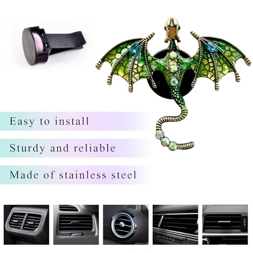 Image of 2PCS Bling Wyvern Car Air Freshener Vent Clips, Alloy Enamel Dragon Auto Outlet Clips with Fragrance Tablets, Refillable Cute Flying Dragon Crystal Vent Clip Aroma Diffuser (Green)