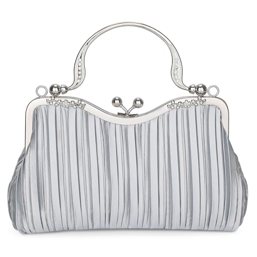UBORSE 1920er Jahre Vintage Satin Clutch Abendtasche für Frauen formelle Braut Hochzeit Clutch Geldbörse Abschlussball Cocktail Party Handtasche, silber