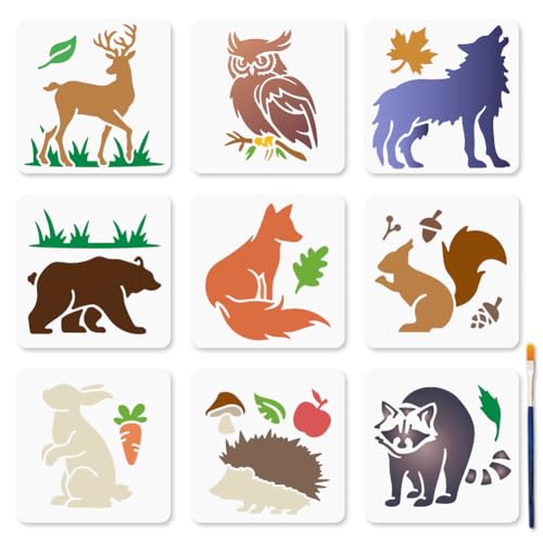 MAYJOYDIY 9Pcs Woodland Animals Painting Stencils Deer Owls Wolves Template 15x15cm Bear Fox Squirrel Rabbit Plastic Reusable Stencil with Paint Brush for Wood Wall Window DIY Craft