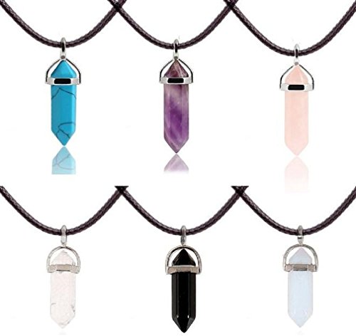 MJartoria Handmade Black Pu Leather Healing Hexagon Natural Stone Pendant BFF Choker Necklace Set of 6