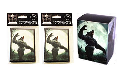 Werewolf Design Deck Box + 100 Double Matte Sleeves (fits MTG, Pokemon, Force of Will Cards)
