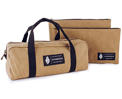 Tool Bag Utility Tool Pouch | Heavy Duty Metal Zipper & Durable Military Waxed Canvas | Accessories Organizer For Construction, Electrician, Technician | Set of 3