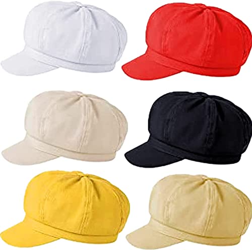 6 Pcs Women Newsboy Cap Adjustable Visor Beret Hats Sun Hat Beach Hats Soft 8 Panels Vintage Cabbie Hat Octagonal Cap Black #TOP7