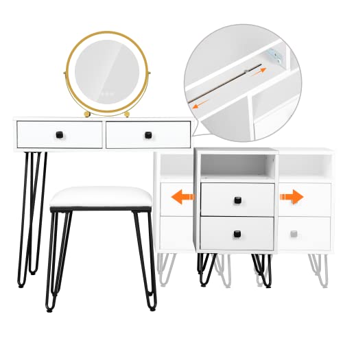 Levnary Vanity Desk With Lighted Mirror, Vanity Table Set With Removable Storage Cabinet, Makeup Vanity With Drawers And Touch Screen, Bedroom Dressing Table With Cushioned Stool (White) #TOP2
