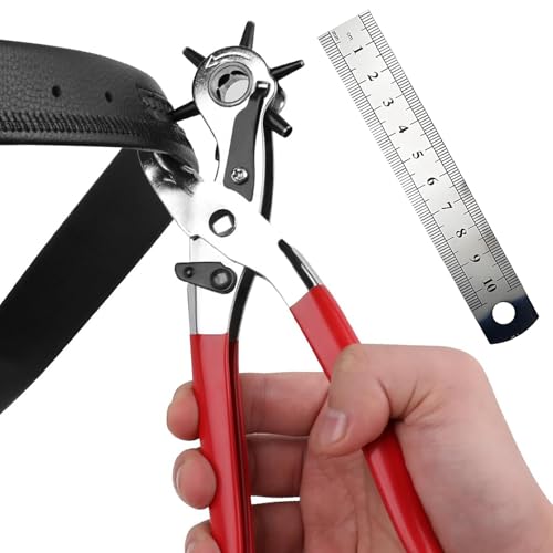 Belt Hole Puncher for Leather, Leather Hole Punch Tool with 10 cm Ruler, Adjustable 6 Interchangeable Sizes, Suitable for Belts Bands Straps Watch Strap Pet Collars Cards Saddles Shoes Cards ﻿
