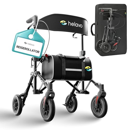 Helavo Ultra-Compact Walker for Seniors with Seat, Fully Assembled Double Folding Rollator, Travel Walker with 8 Rubber Wheels and Height Adjustable Handles