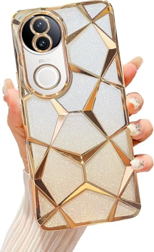 Image of VONZEE Gradient Glitter Case for VIVO V50e, Luxury Electroplated 3D Cube, Diamond Bling Shiny Soft TPU Clear Shockproof Women Girls Protective Phone Cover (Gold)