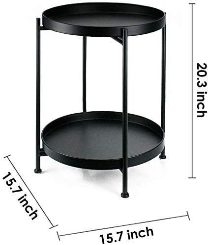 LITA 2-Tier End Table Metal Round Tray Side Table Small Folding Accent Coffee Table Sofa Side Snack Table Anti-Rust and Waterproof Nightstand for Living Room Bedroom Balcony and Office, Black