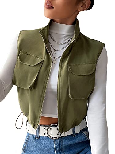 Verdusa Women's Zip Up Lightweight Padded Crop Vest Jacket Fall Clothes Stand Collar Gilet with Flap Pockets Army Green Medium