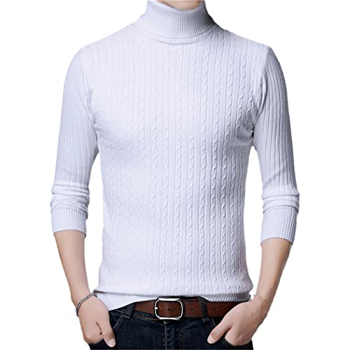 Pull homme col roulé jacquard blanc en maille épaisse haut de gamme