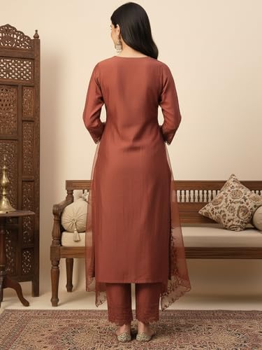 Image of FABIAN FASHION Women's Maroon Straight Kurta Palazzo Pant with Organza Dupatta Set Festive Ethnic Wear(ES 2537)