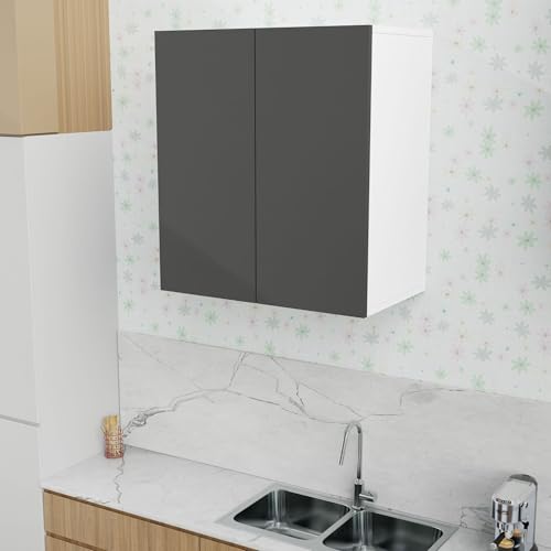 Image of 2 Door Multipurpose Wall Mounted Cabinet with Adjustable & Fixed Shelf | Storage for Modular Kitchen, Bathroom, Office & Living Room | Assembly-DIY | Color-White & Grey | Size-60x33x63.8 Cm