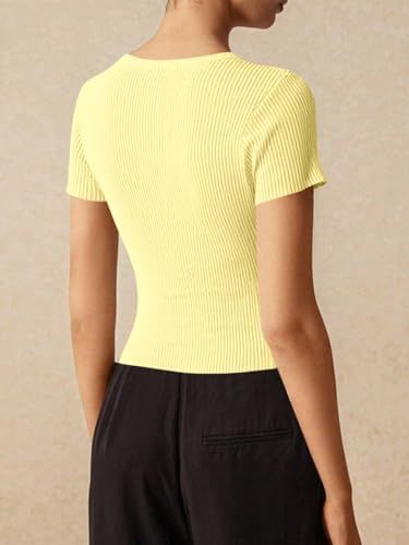 Image of Imily Bela Womens Short Sleeve Sweater Tops Summer Button Down Casual Ribbed Knit Slim Fit Cropped Cardigan Shirts