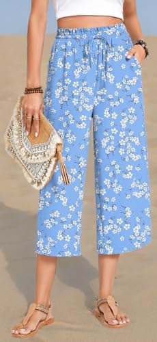 Image of Anyhold Women's Capri Pants Drawstring Casual Palazzo Trousers with Pockets Loose High Waisted Wide Leg Lounge Pants