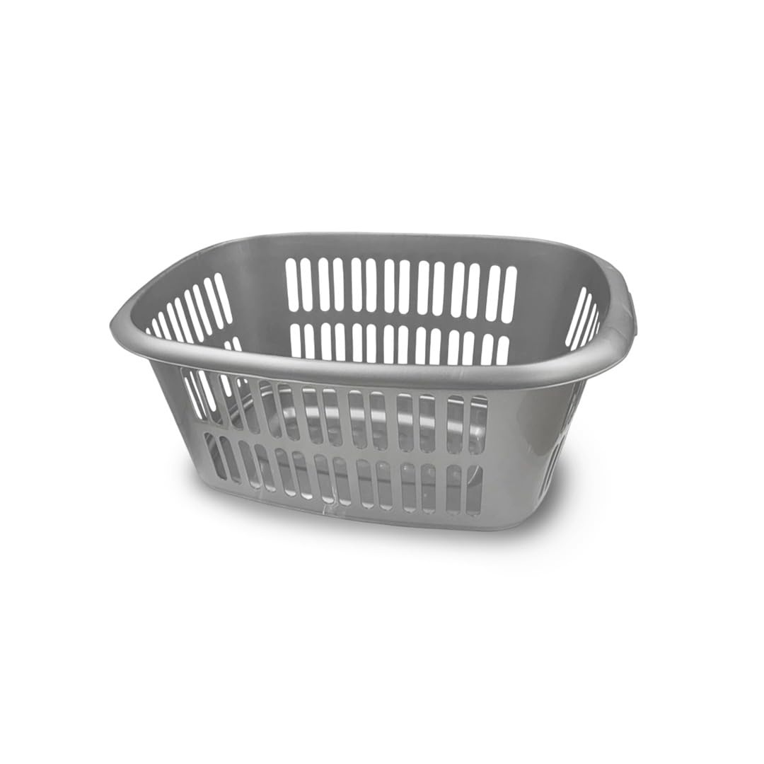 ORGANIZED Rectangular Plastic Laundry Basket, Large Clothes Hamper for Storage and Organisation (Silver)