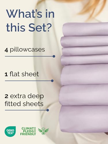 Image of Extra Deep Split King Sheet Set - 7 Piece Cooling Sheets - Light Lavender | Hotel Luxury Bed Sheets Set, Easy & Secure Fit, Ultra-Soft, Wrinkle & Fade Free, Comfy Sheets Set with Extra Deep Pockets