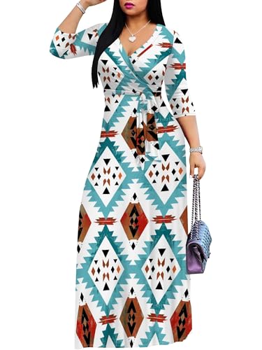 Image of PinkPatty Plus Size Maxi Dress for Women Casual V Neck 3 /4 Sleeve Boho Printed Long Dress with Pockets