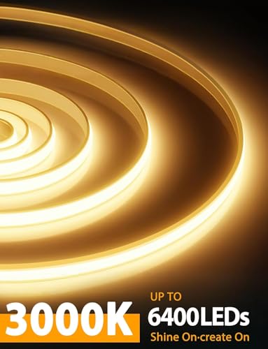 Image of Lamomo COB LED Strip Lights 65.6Ft, 2 Roll Warm White Dimmable Self-Adhesive Led Rope Light with Remote, Flexible Cuttable Waterproof 3000K Silicone Neon Tape Lights for Bedroom, Indoor, Cabinet