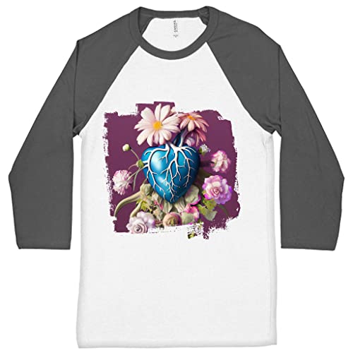 Heart Anatomy Baseball T-Shirt - Floral T-Shirt - Flower Tee Shirt - Gray White, S
