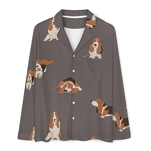 Basset Hound Dog Mens Pajamas Set Long Sleeve Button Down Top and Pants Sleepwear4