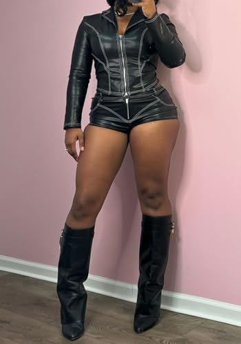 PU Leather Shorts Sets Women 2 Piece Outfits Long Sleeve Zip up Motorcycle Leather Jacket High Waitsed Booty Shorts2