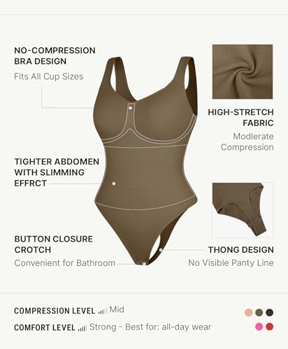 Image of FeelinGirl Shapewear Bodysuits for Women Tummy Control Thong Seamless V Neck Compression Body Suits Corset Top